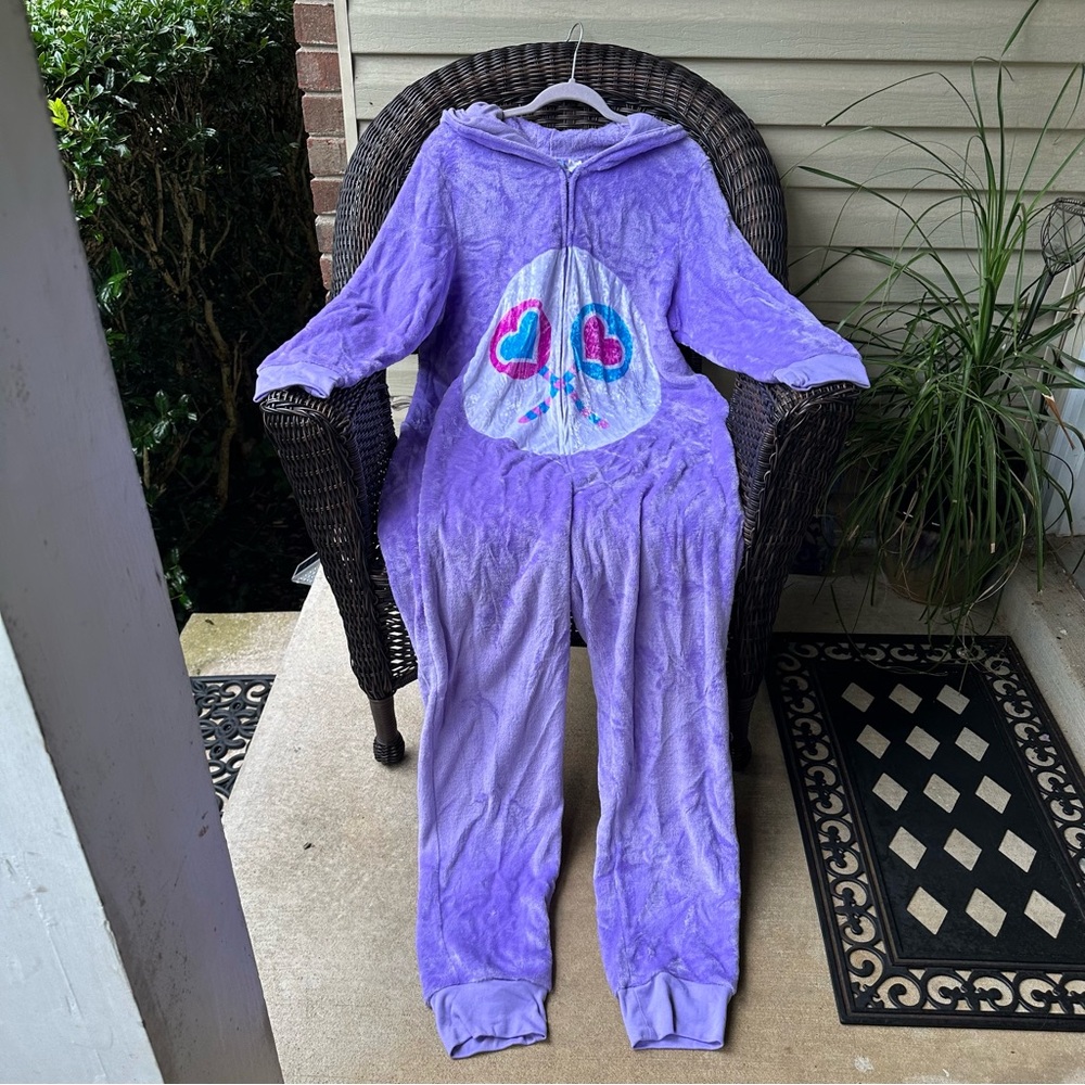 Care Bears Lavender Hooded Onesie Pajamas with Heart Face Chest Emblem